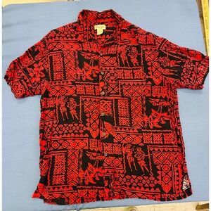Panama Jack Mens Hawaiian Shirt L Large Red Black Tribal Hula Rayon Button Down